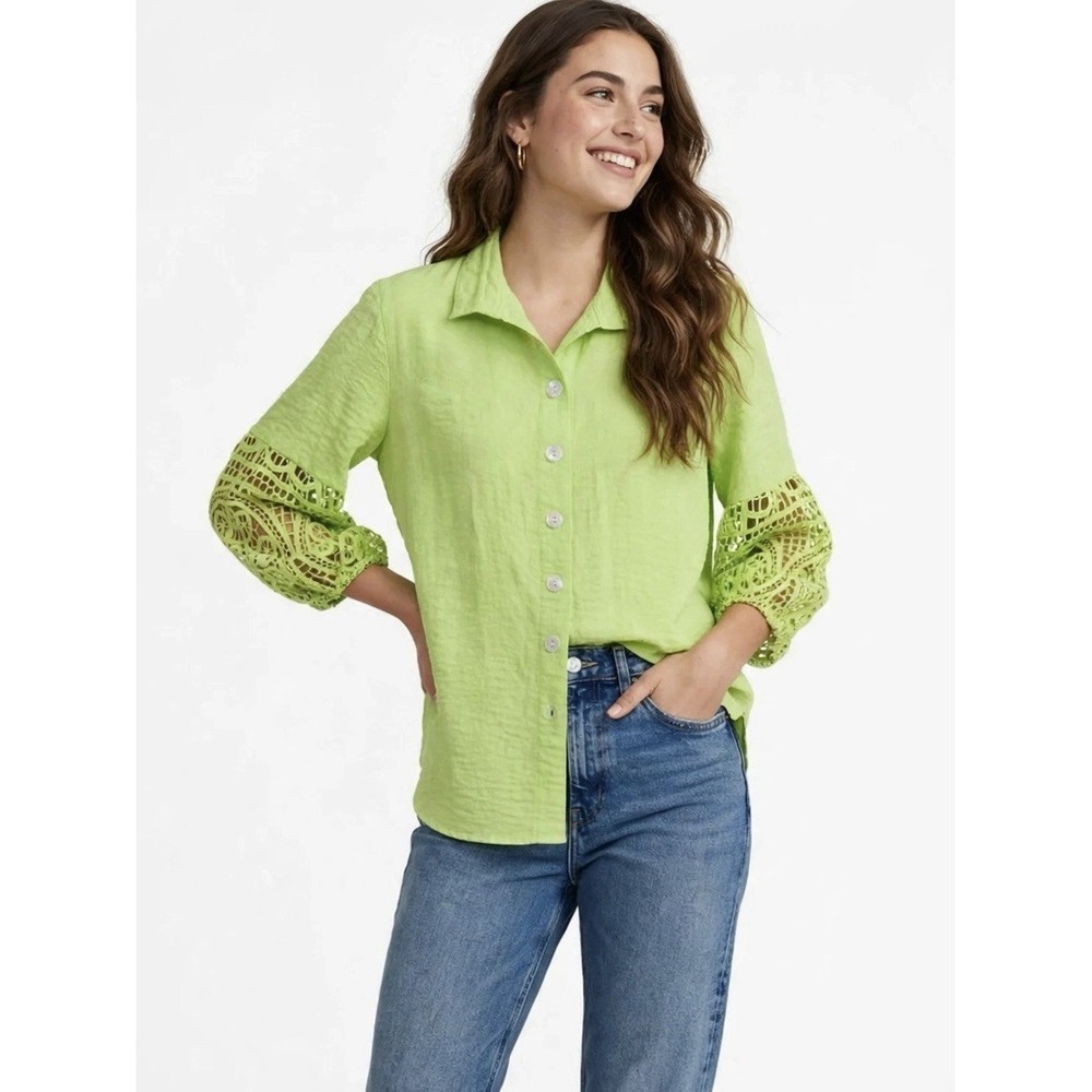 John Mark Lime Green Button Front Lace Sleeve Blouse Boho Lightweight M